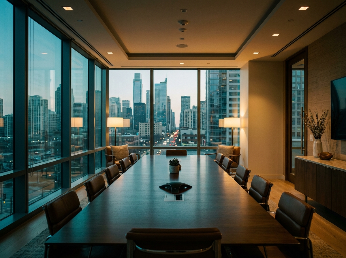 Modernes Büro mit Glaswänden und warmem Licht